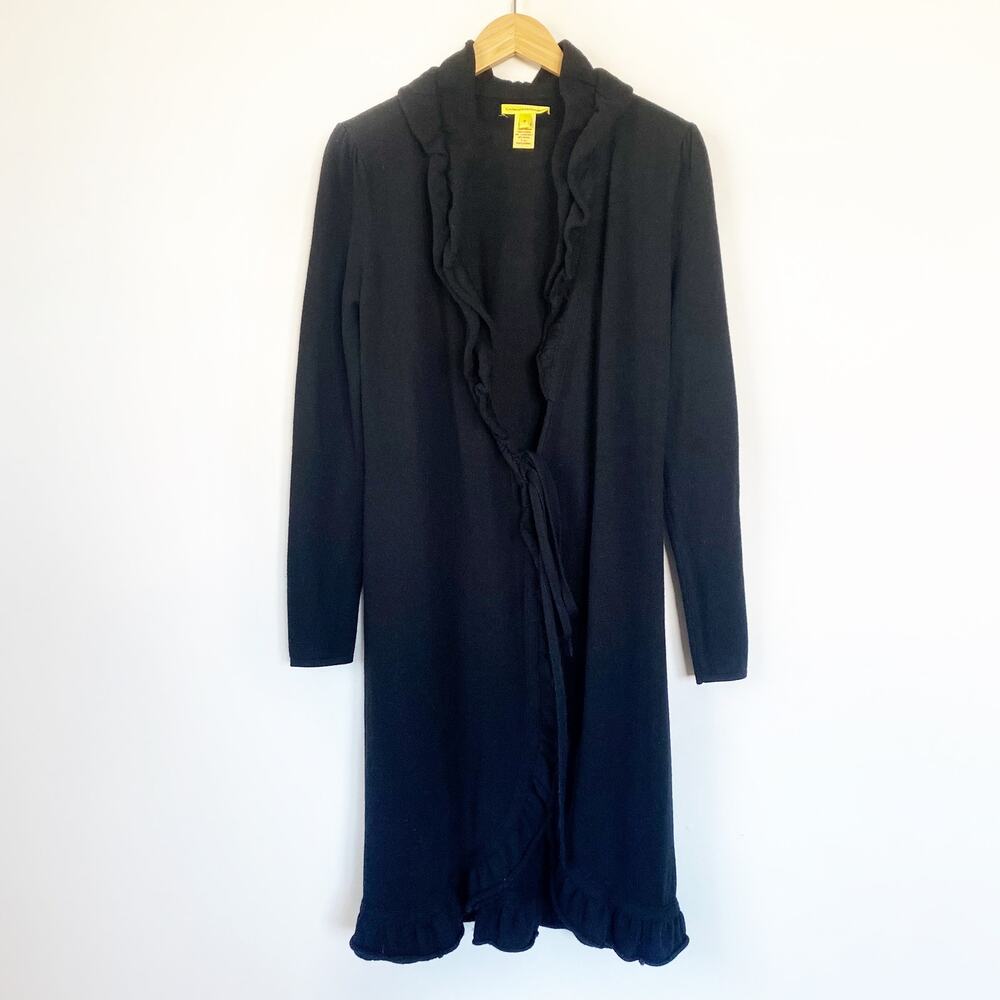 Catherine Malandrino 100% Merino Wool Ruffle Trim Long Line Cardigan